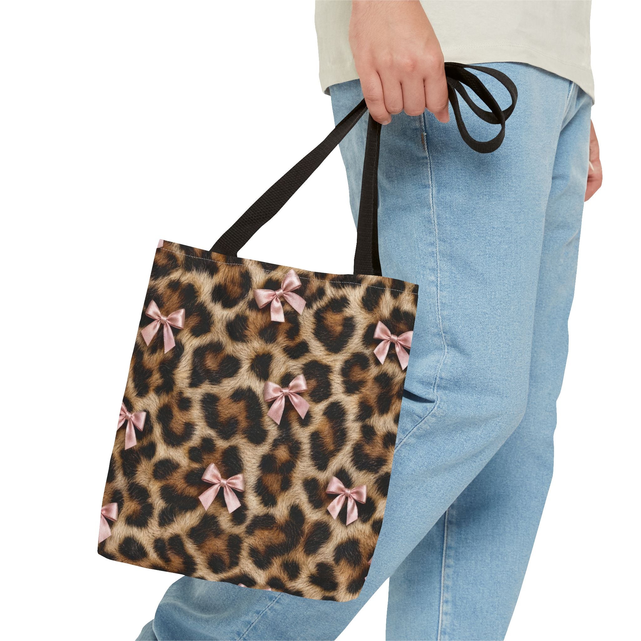 Leopard Print Bow Tote Bag - Coquette Pink Ribbon Canvas Tote, Real Spot Animal Print Shoulder Bag, 3 Sizes