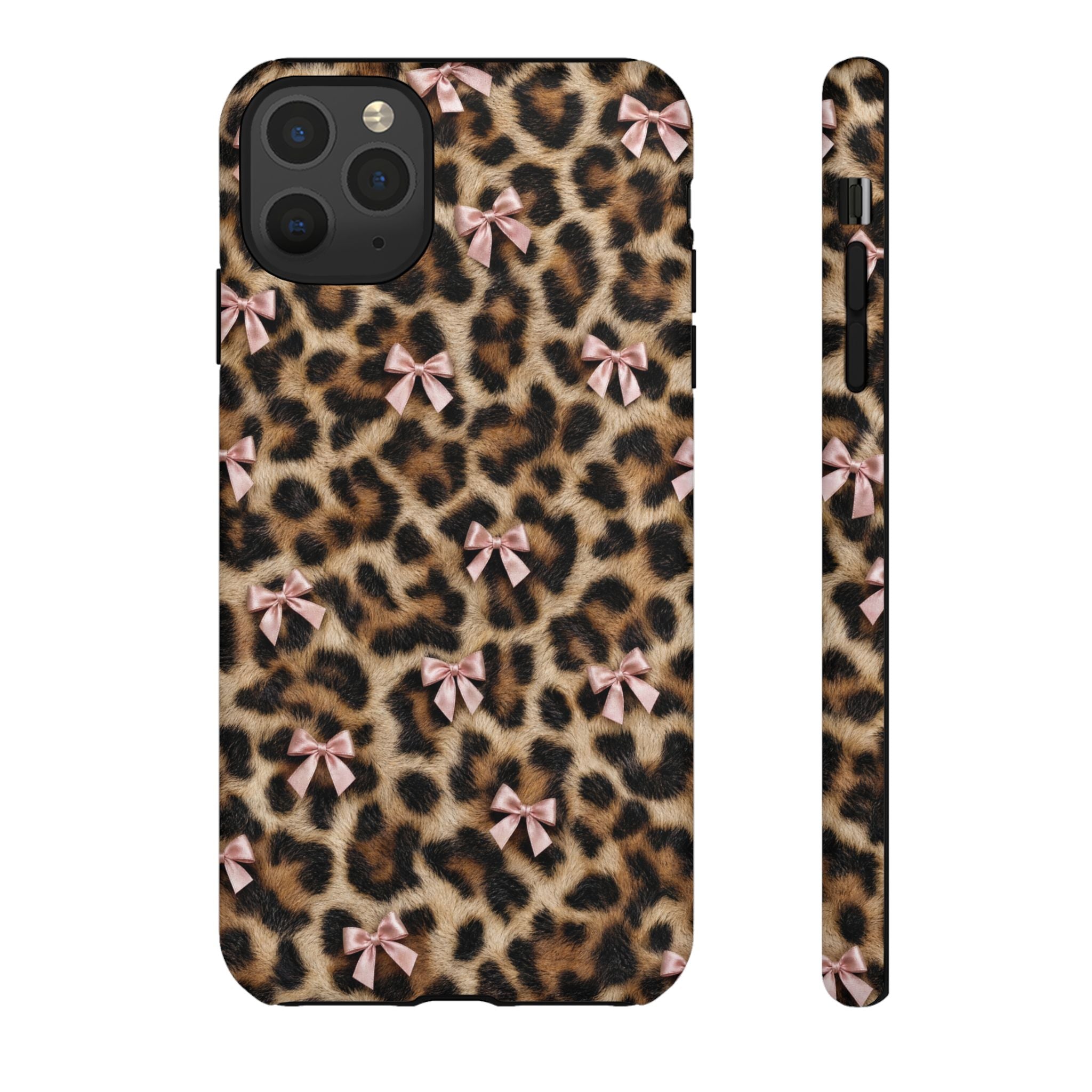 Leopard Print Bow Phone Case - Coquette Pink Ribbon Tough Case for iPhone and Samsung, Real Spot Animal Print