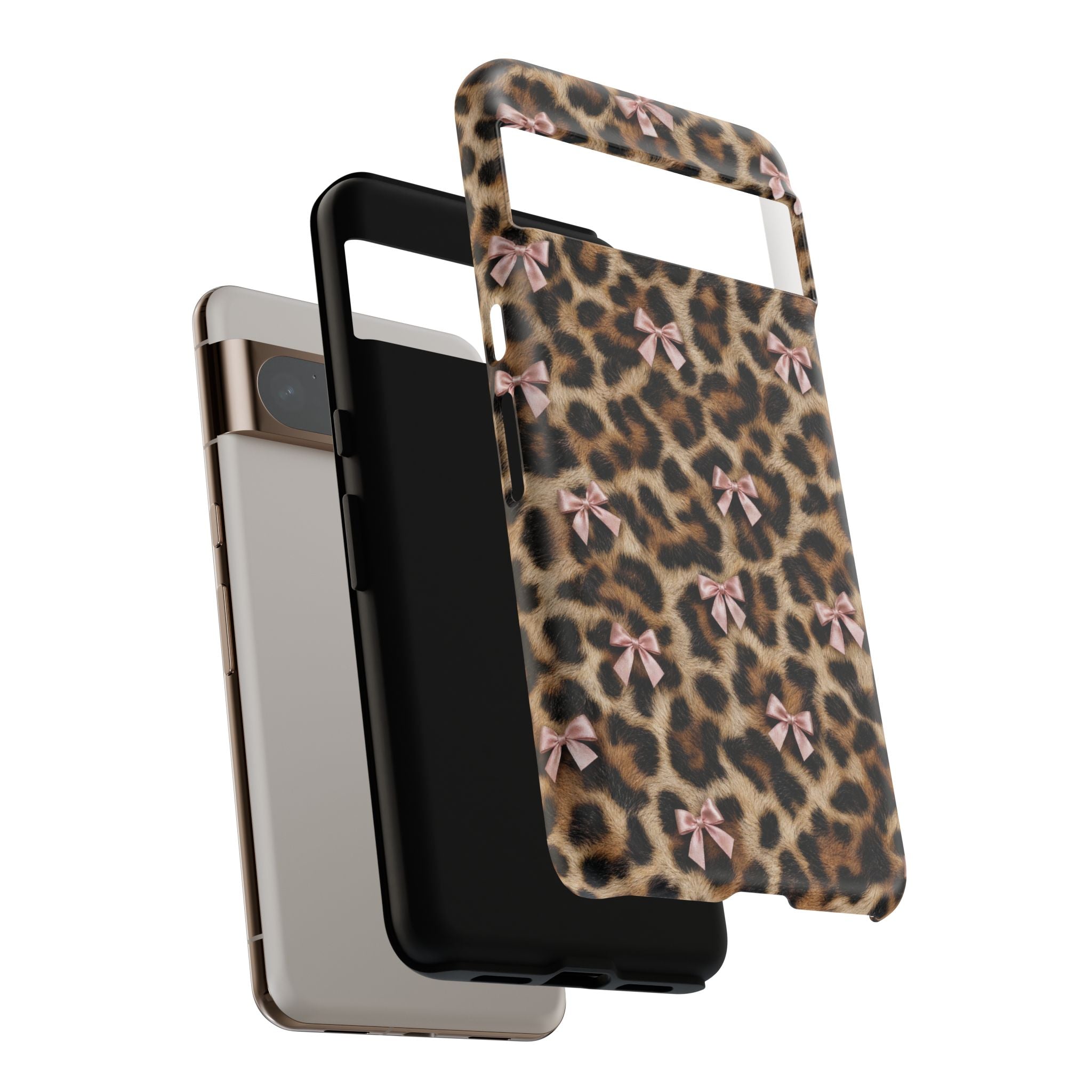 Leopard Print Bow Phone Case - Coquette Pink Ribbon Tough Case for iPhone and Samsung, Real Spot Animal Print