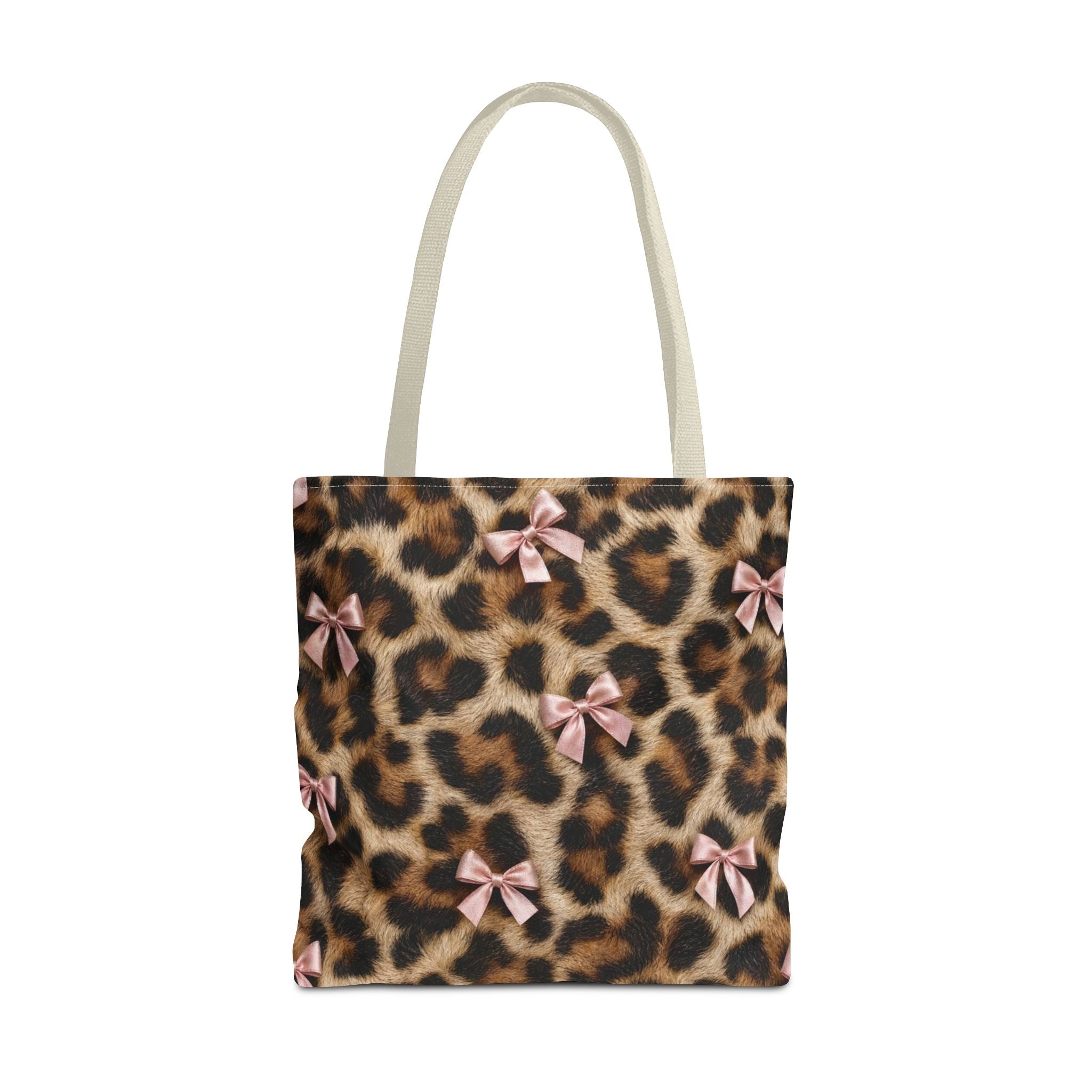 Leopard Print Bow Tote Bag - Coquette Pink Ribbon Canvas Tote, Real Spot Animal Print Shoulder Bag, 3 Sizes