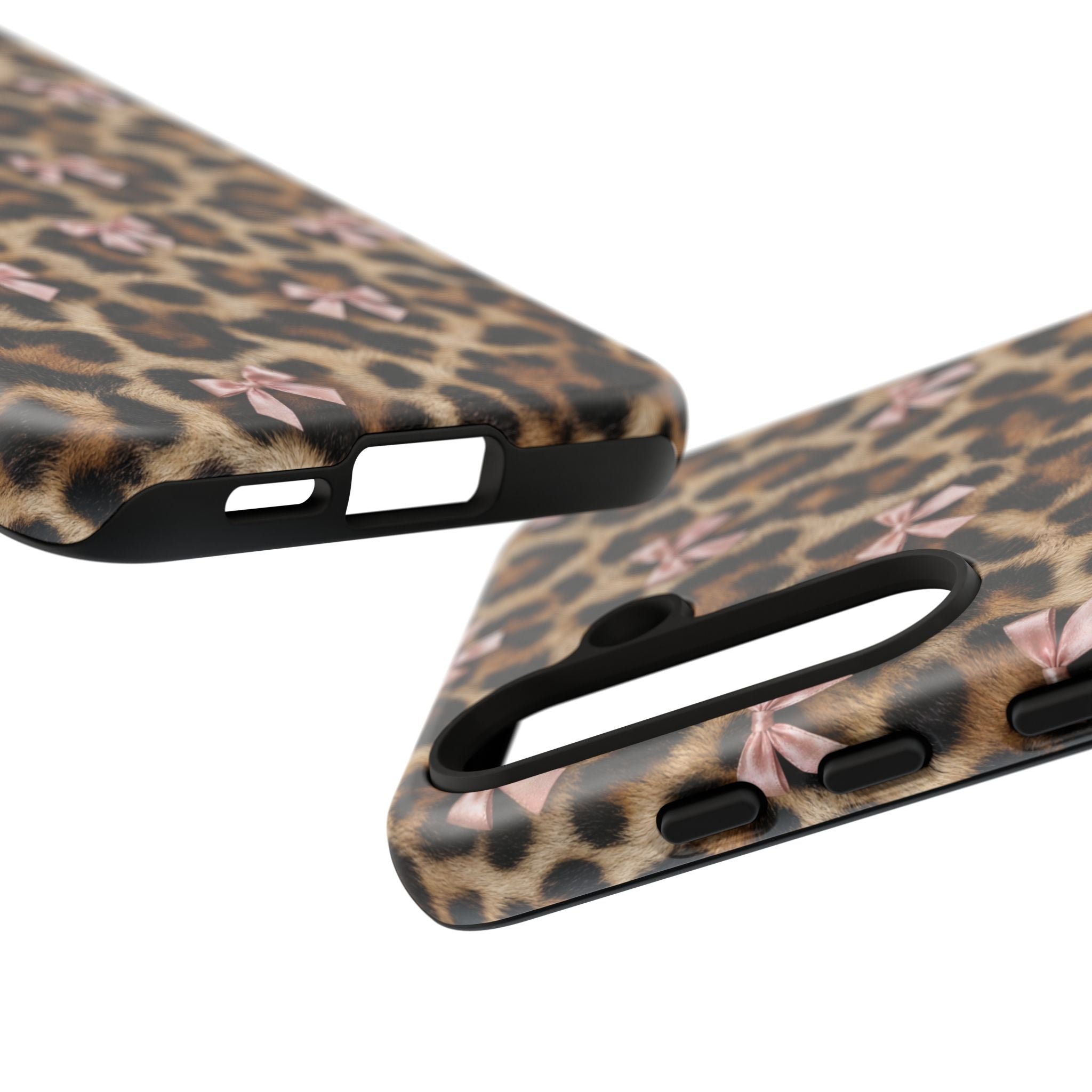 Leopard Print Bow Phone Case - Coquette Pink Ribbon Tough Case for iPhone and Samsung, Real Spot Animal Print