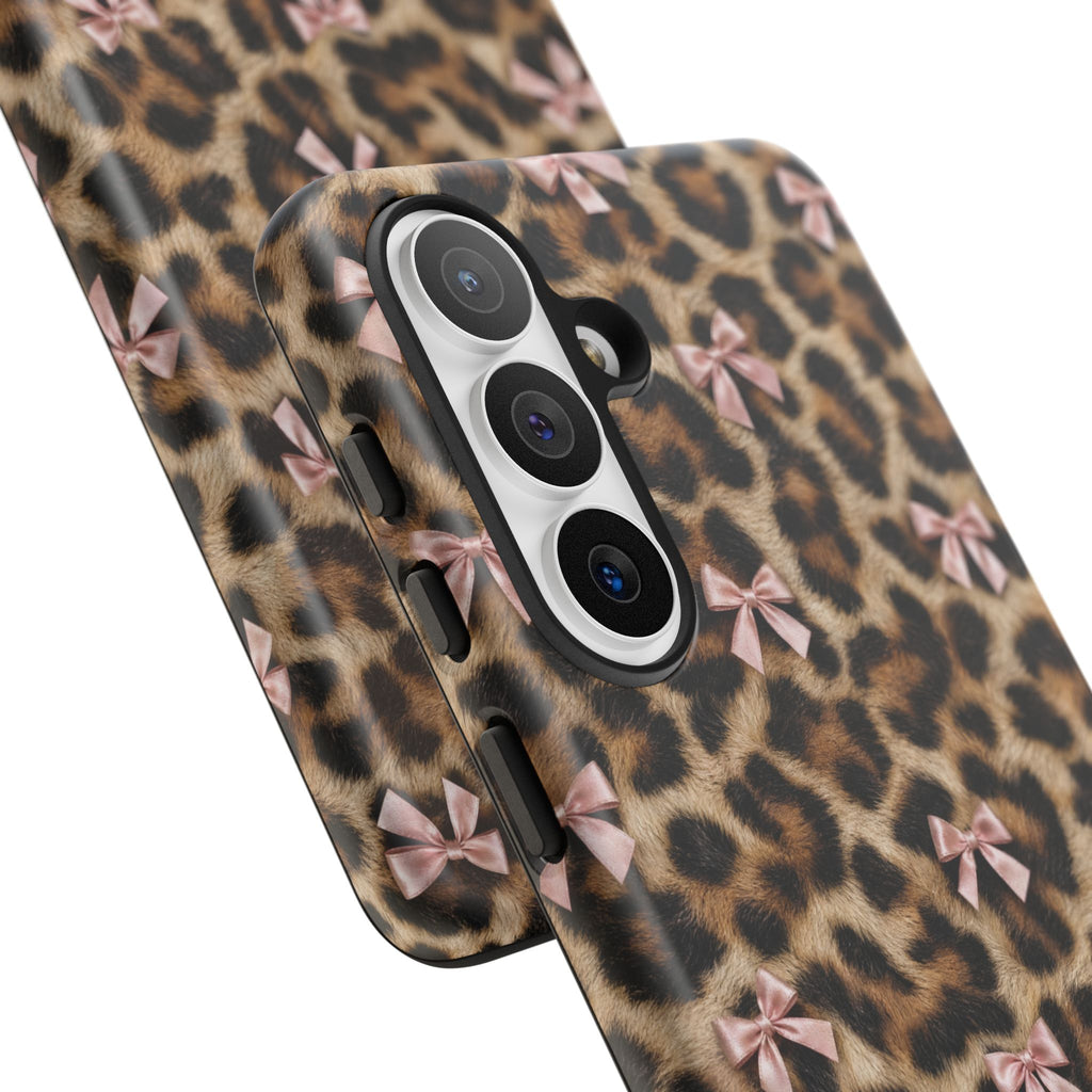 Leopard Print Bow Phone Case - Coquette Pink Ribbon Tough Case for iPhone and Samsung, Real Spot Animal Print