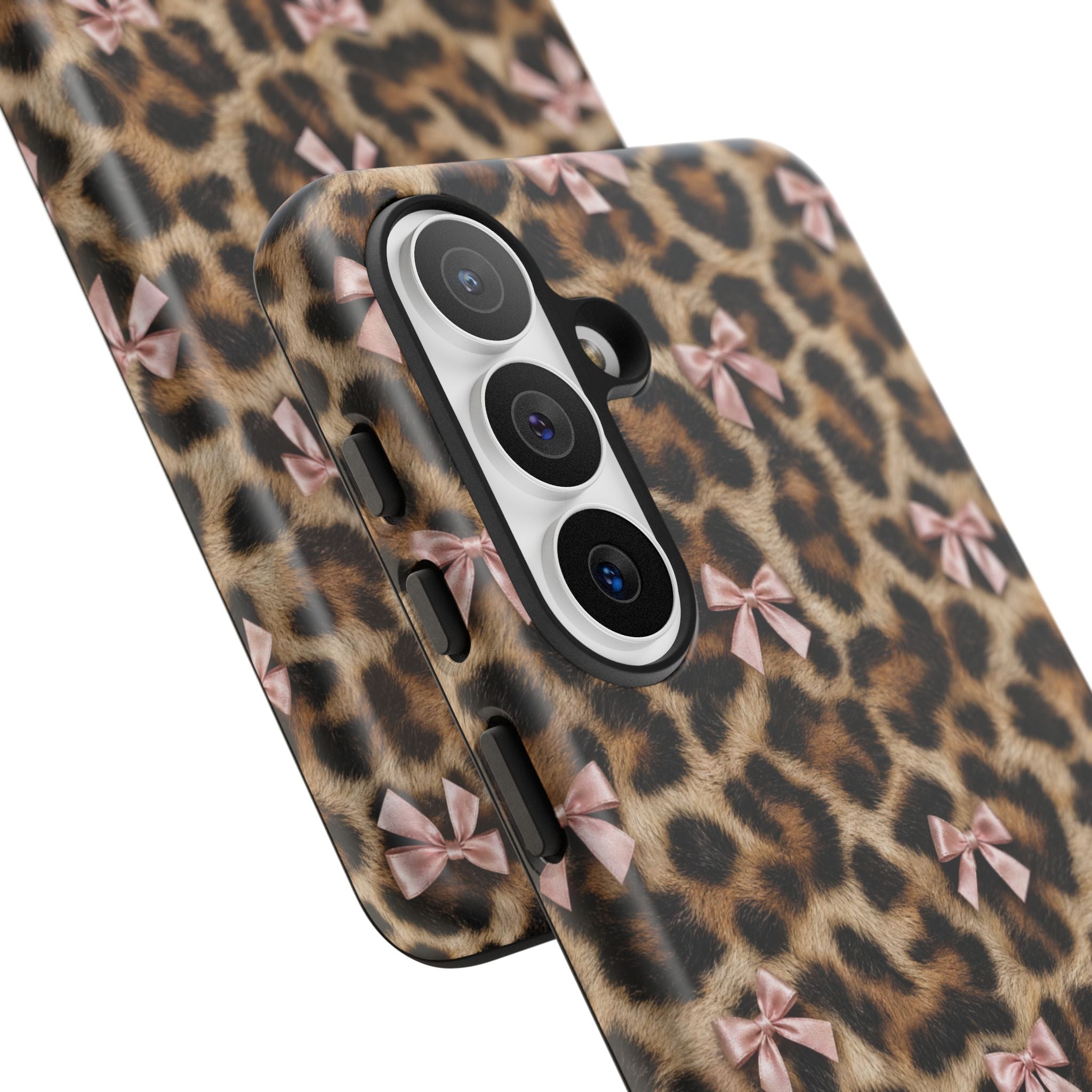 Leopard Print Bow Phone Case - Coquette Pink Ribbon Tough Case for iPhone and Samsung, Real Spot Animal Print