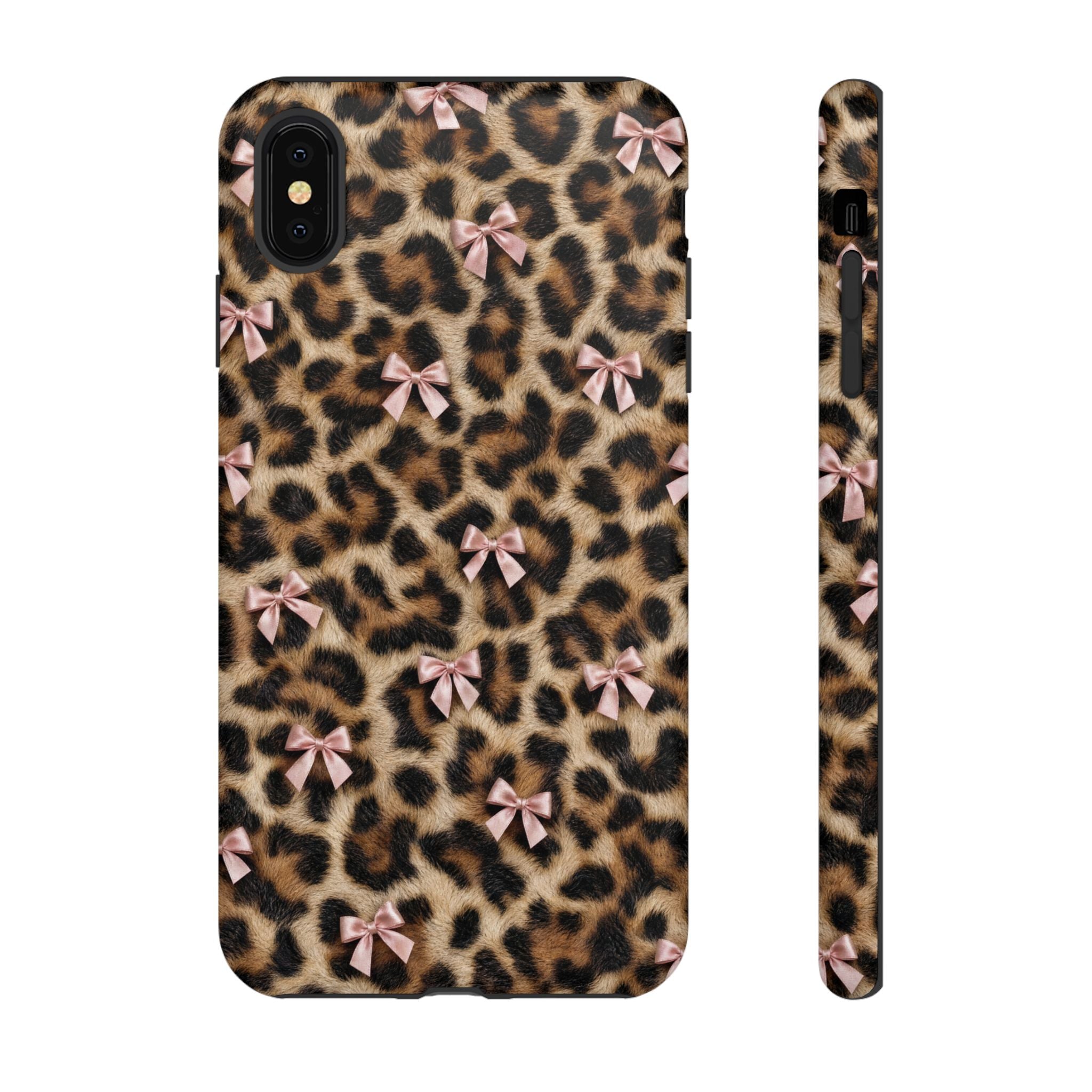 Leopard Print Bow Phone Case - Coquette Pink Ribbon Tough Case for iPhone and Samsung, Real Spot Animal Print
