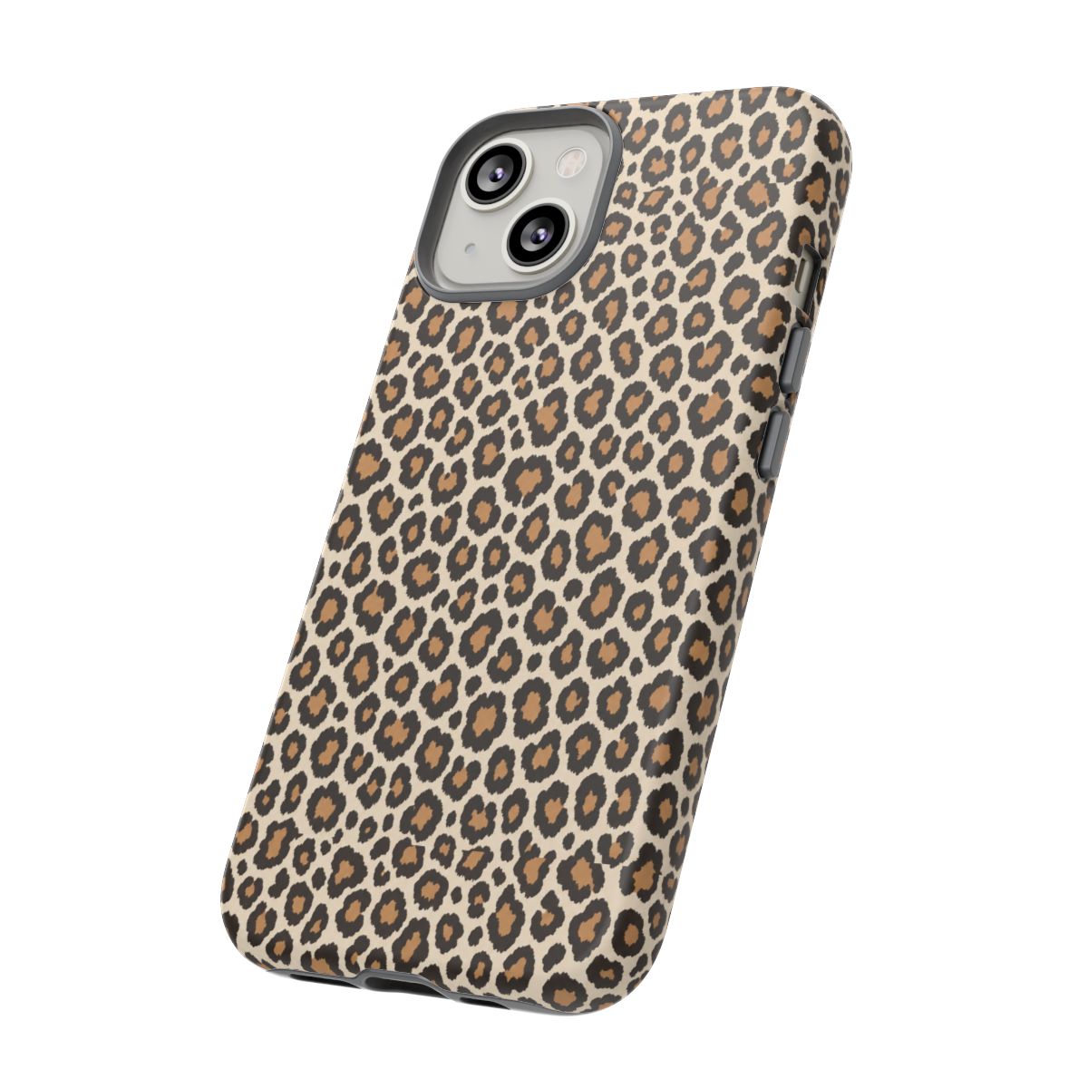 Leopard print tough case angled side view showing matte finish and camera cutout