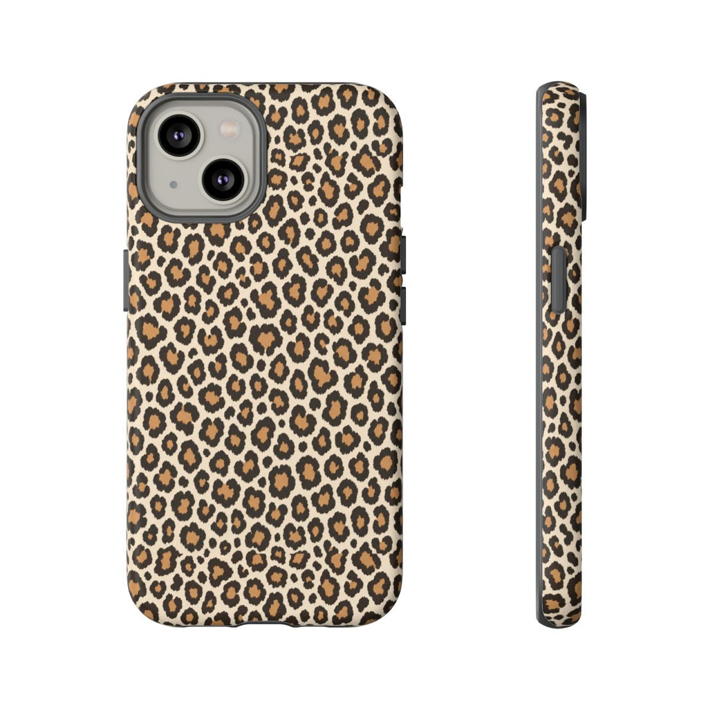 Leopard print phone case in warm caramel and cream, front and side view — Tawny classic tan tough case
